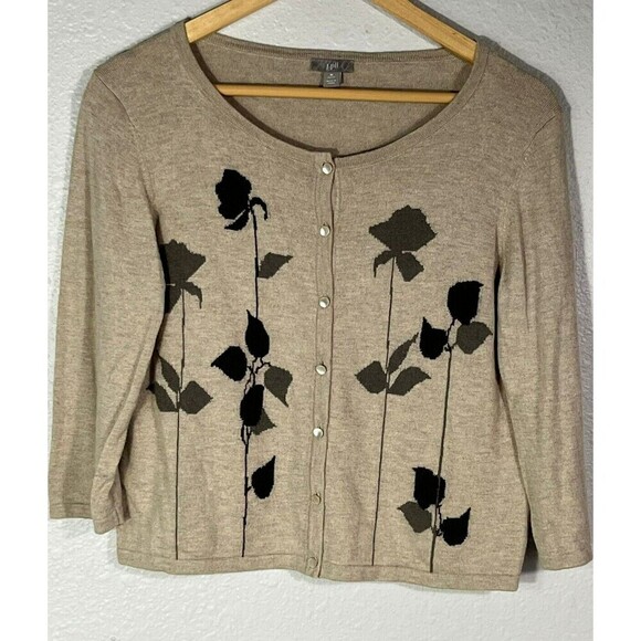 J.Jill Sweater M Petite Beige Cardigan Lambs Wool Angora Cashmere Floral n89 - Picture 1 of 8